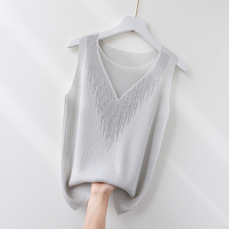 

Women' Tanks 2023 Knitted Vest Women V-neck Streetwear Casual Tank Top Summer Thin Bright Silk Sleeveless Outwear Tops X202, Bai