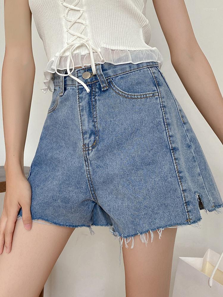 

Women's Shorts Streetwear Female High Waist Loose Hole Retro Blue Denim Summer Women Wide Leg Frayed Jeans Bottoms