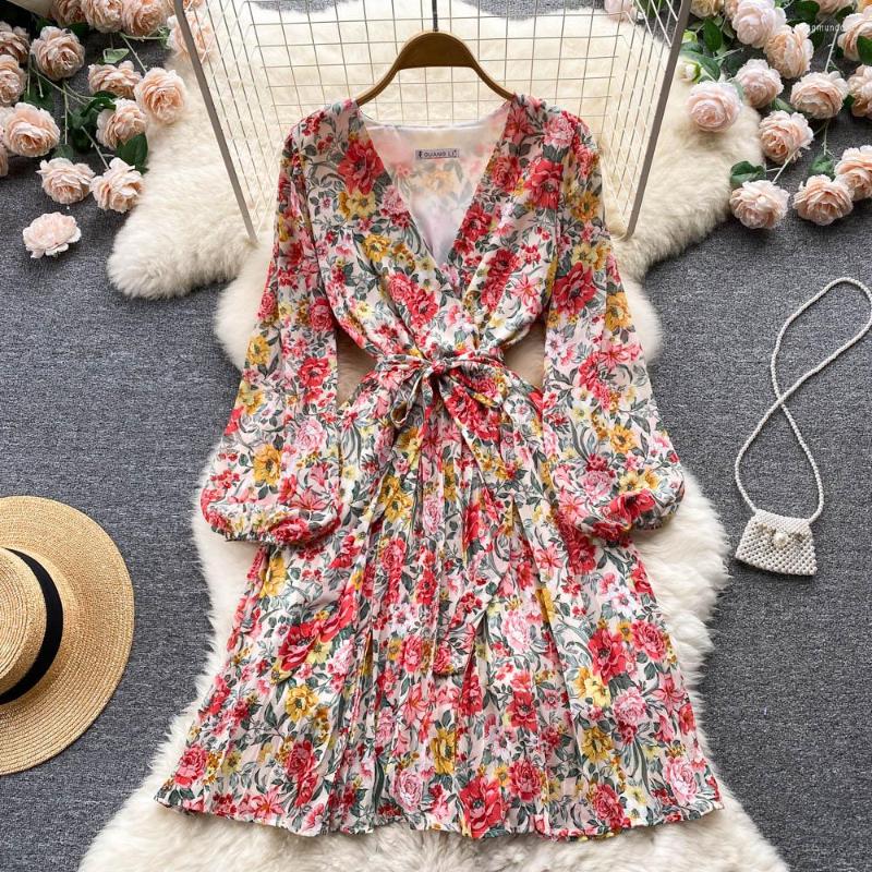

Casual Dresses Women Fashion V-neck Long-sleeve Floral Print A-line Dress Spring Autumn Lace-up Waist Clothes Vestidos G627, Black