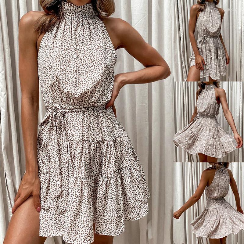 

Casual Dresses Fashion Women Summer Streetwear Print A-Line Dress Patchwork Design Belt Decor O-Neck Sleeveless Mid Waist Slim Mini 2023, Multi