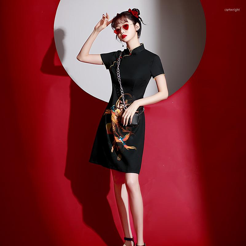 

Ethnic Clothing Summer Short Sleeves A-Line Phoenix Beauty Printed Satin Chinese Cheongsam Traditional Mandarin Collar Qipao Retro Women
