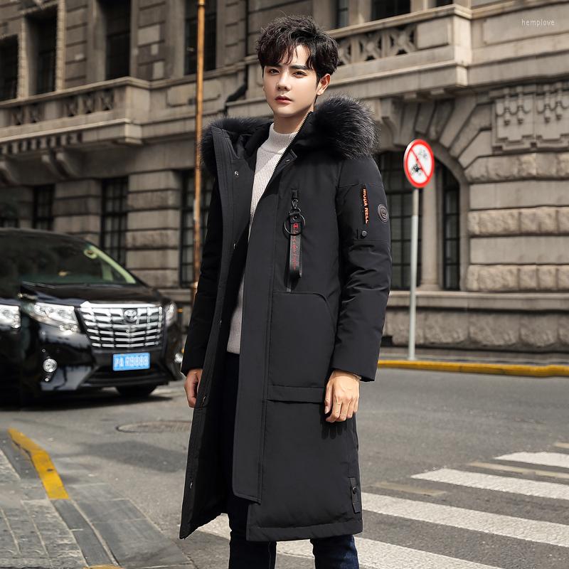 

Men's Down Winter Big Fur Hood Long Puffer Jackets Fashion Camouflage Thick Warm 90% White Duck Padded Overcoats Male JK-9518, Black