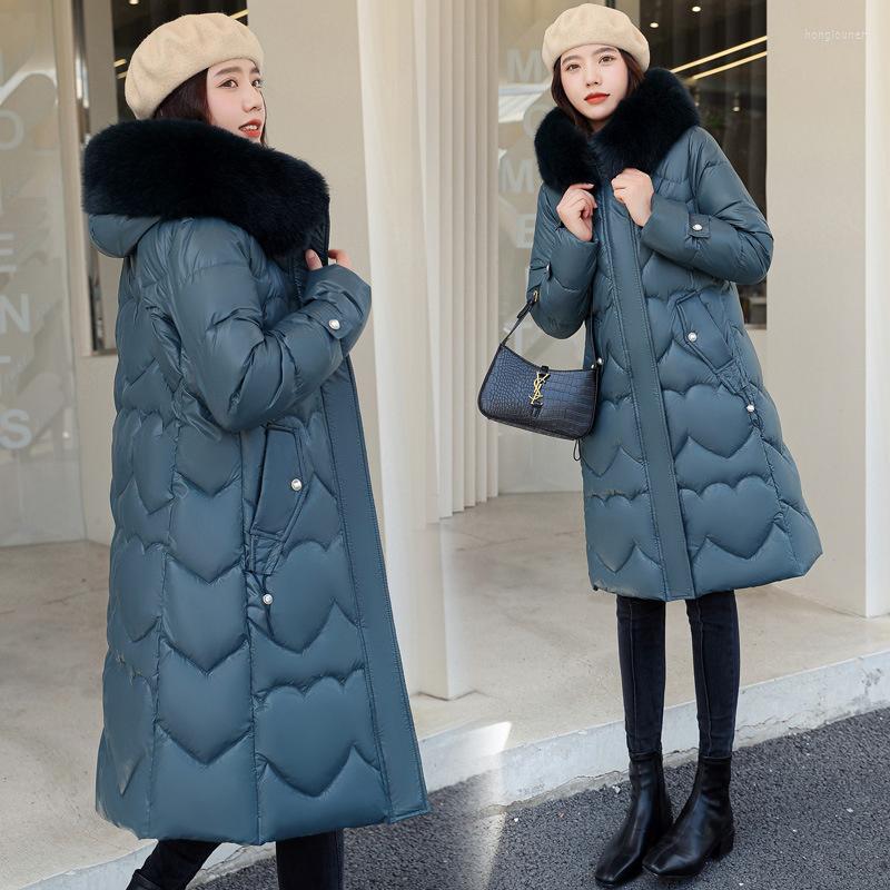 

Women's Trench Coats Winter Women Jacket Korean Long Warm Thicken Loose Down Cotton Parka Female Hooded Middle Aged Padded Jackets, Blue