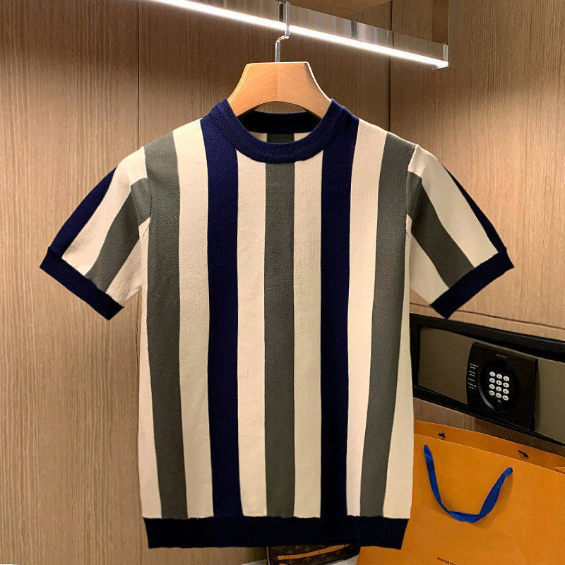 

Men's T-Shirts Men Summer Contrast Color Striped T-shirt Men Knitted Short Sleeves Top Men's O-neck Short Sleeve Slim Knit Tees A125 230313, Blue
