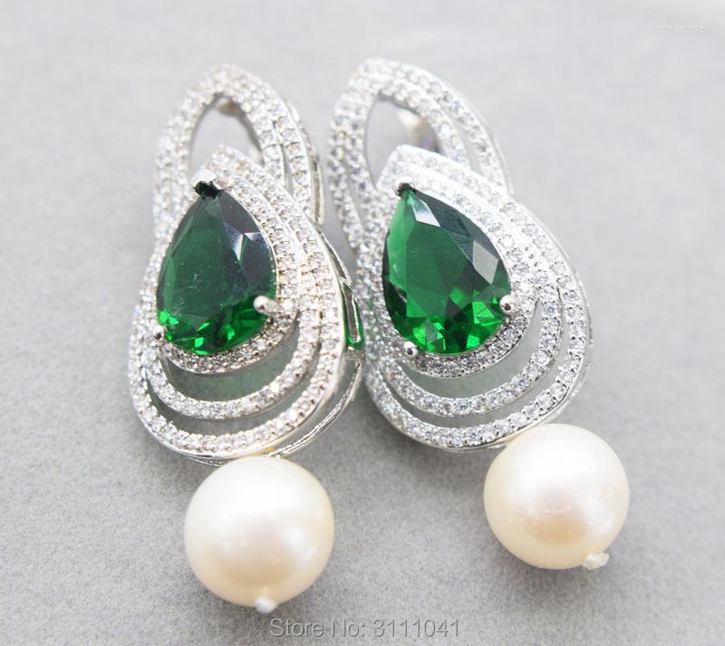 

Dangle Earrings Freshwater Pearl White Round And Gren Zircon FPPJ Wholesale Beads Nature For Wedding Gift