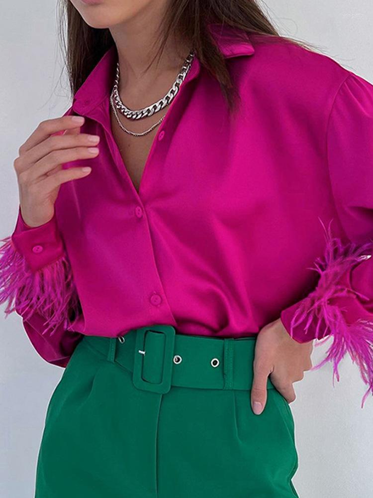 

Women's Blouses Feather Cuffs Elegant Women Shirts 2023 Spring Satin Fashion Button Long Sleeves Shirt Female Chic Lapel Casual Loose Lady, 02 ink green