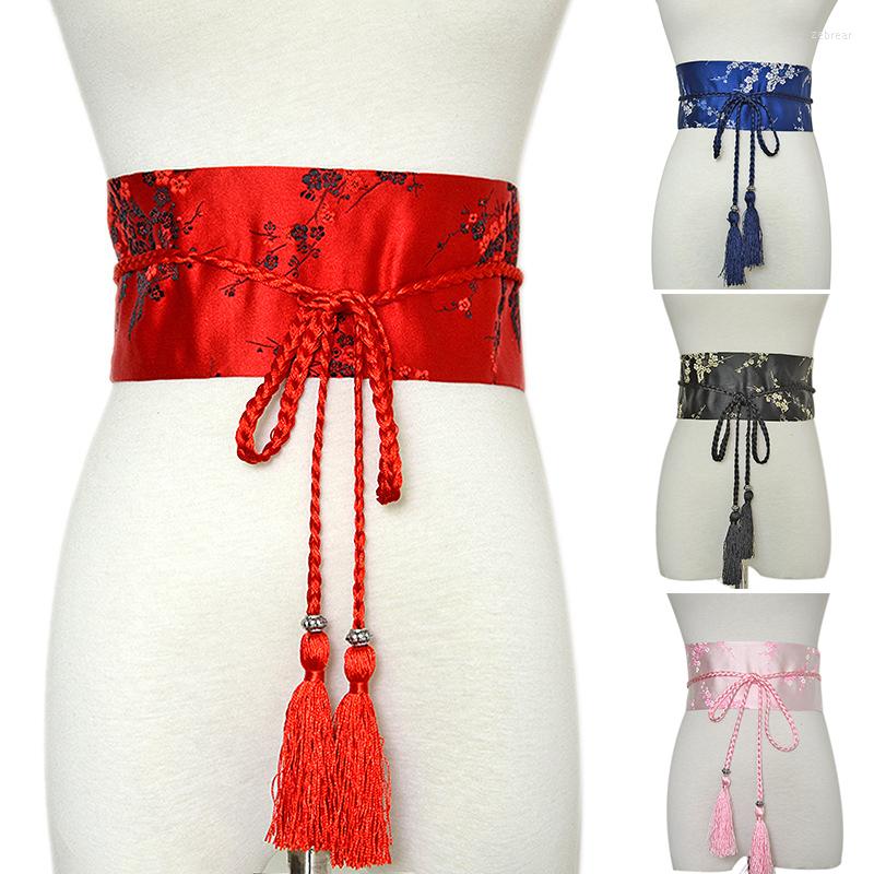 

Belts Tie Print Bathrobe Waistband Satin Belt Kimono Wide Corset Female Retro Fashion Floral Stitchwork For Dress, White