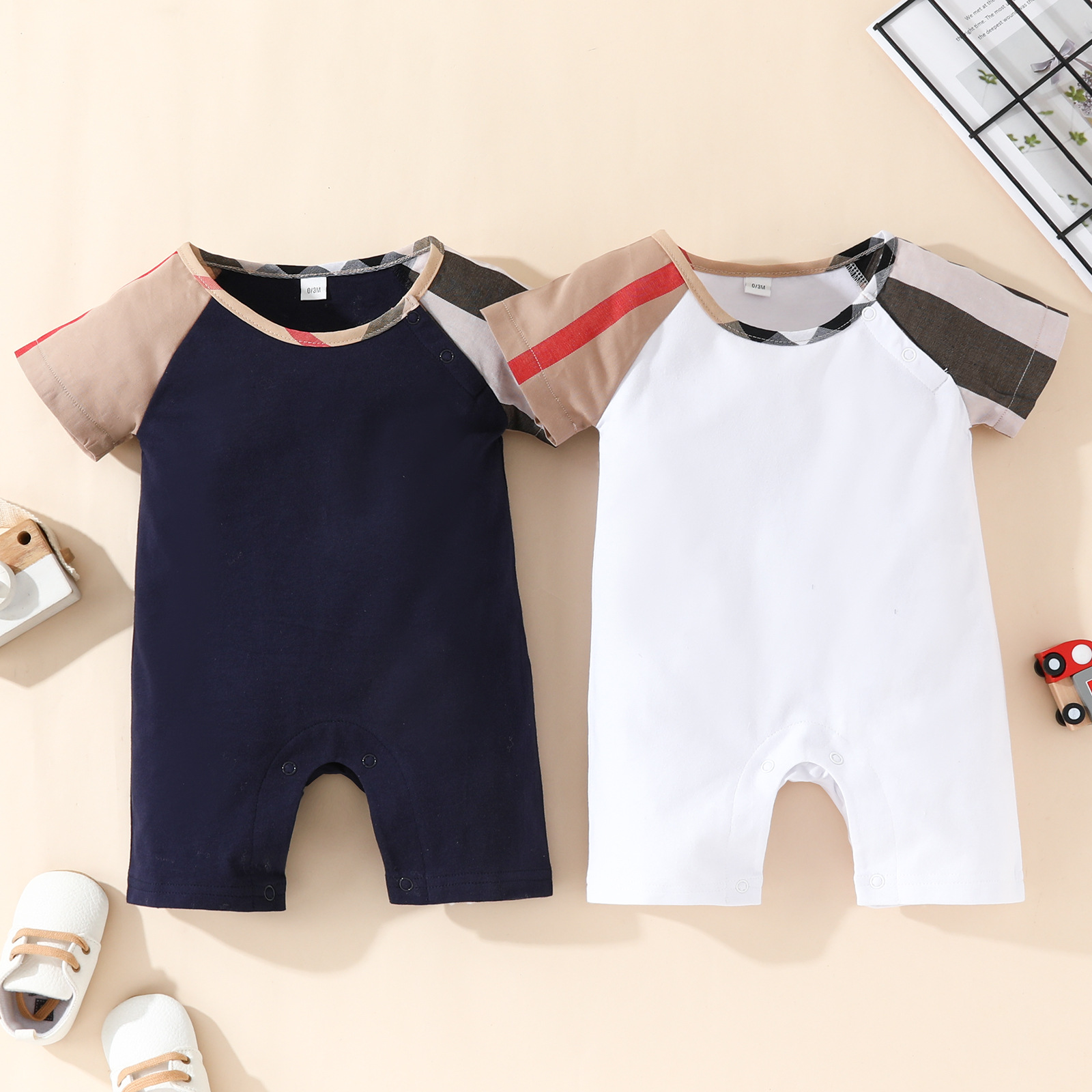 

INS desginer baby romper cotton infant boys girls thin style clothing summer short sleeve newborn jumpsuit female full moon climbing suit S2170, Navy