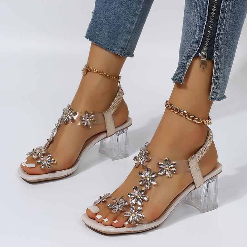 

Sandals Women Flowers Rhinestone Clear Heeled Dress Shoes Bling Crystal Floral Beach High Heels Sandalias Mujer 2023Sandals, Black
