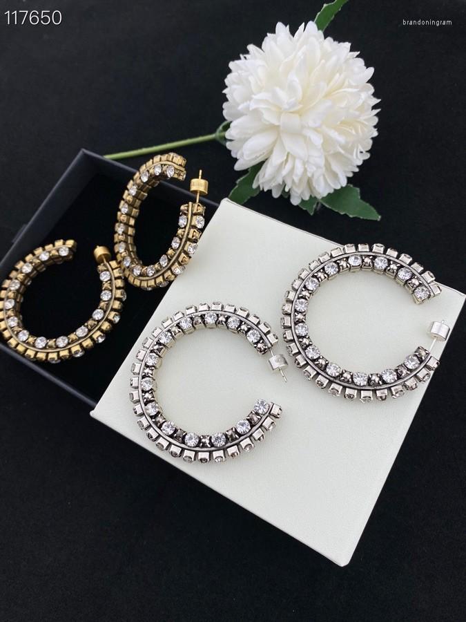 

Hoop Earrings High-end Fashion Personality Three-sided Zircon C-shaped