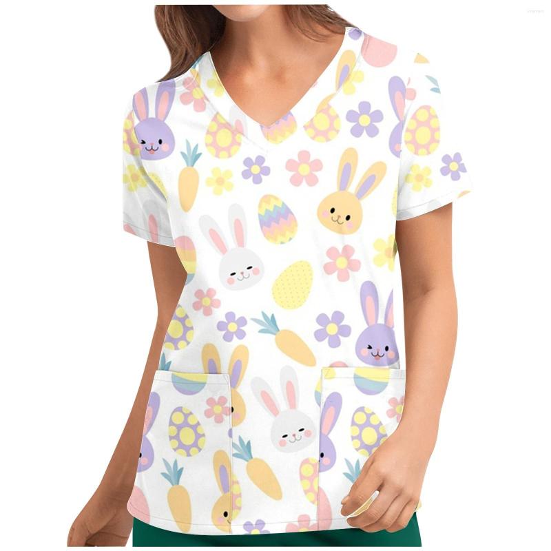 

Women' T Shirts Uniform Pockets V-neck Easter Tops Sleeve Nursing Blouse Short Women Printed Women, Pink
