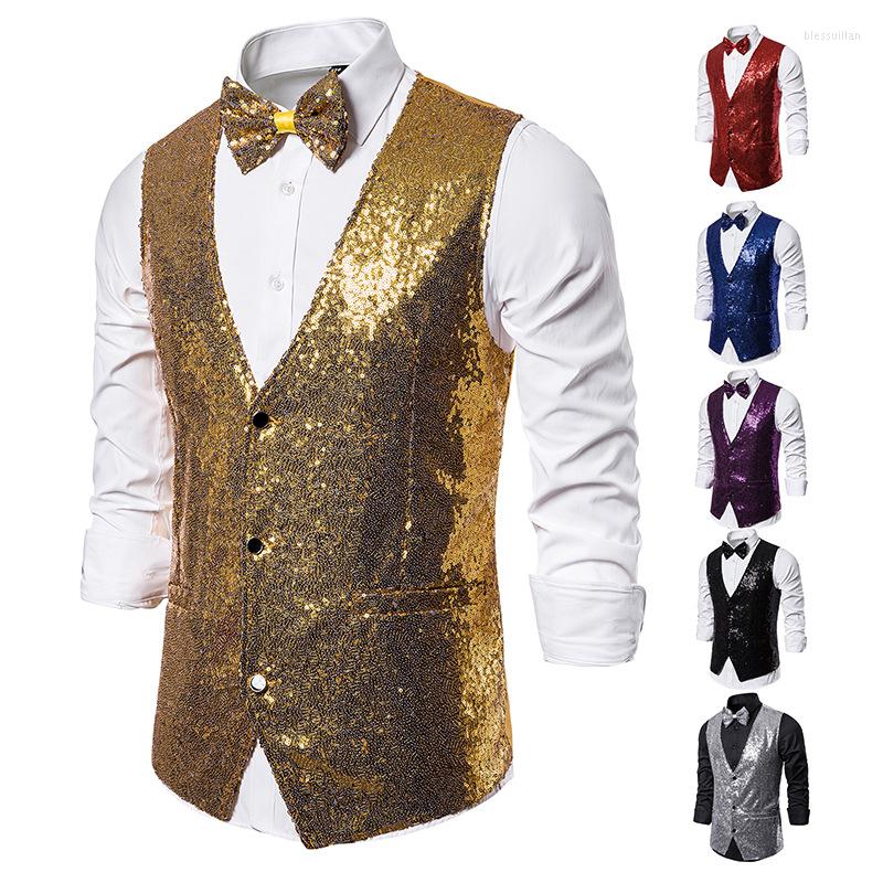 

Women's Vests Men Sequin Vest Waistcoat Stage Wedding Party Casual Slim Groom Groomsman Men's Bling Formal Dress Die Veste 12 Colors V04, 03purple