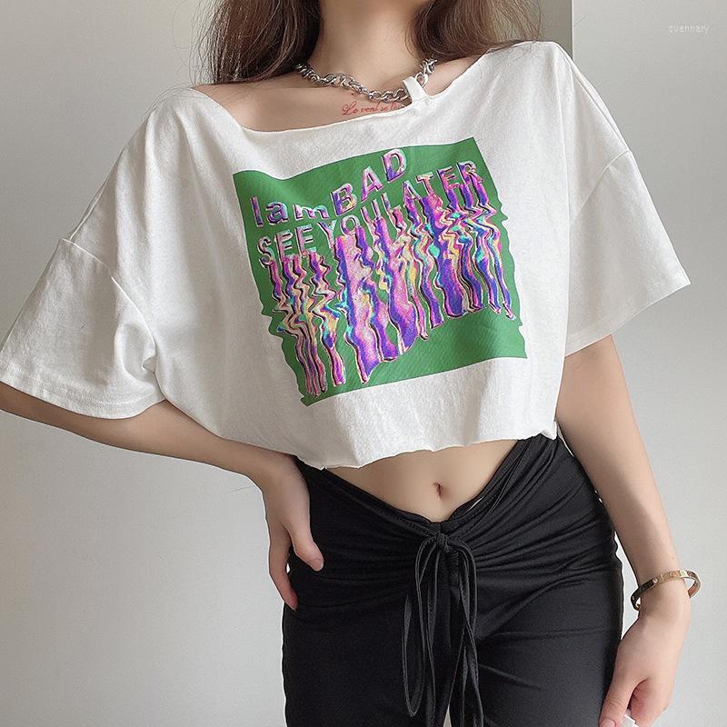 

Women' T Shirts Fashion Women T-Shirt Summer Short Sleeve Loose Casual Printing Chain O Neck Exposed Navel Top Streetwe, White