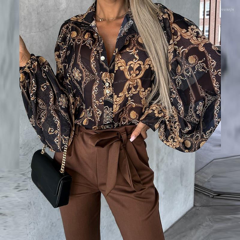 

Women' Blouses Chiffon Print Lantern Sleeve Office Shirts Autumn Thin Single Breasted Vintage Top Fashion Temperament Streetwear Women, 02 orange