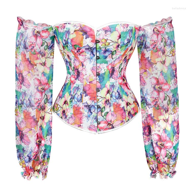 

Women' Blouses Echoine Long Sleeve Sexy Slash Off Shoulder Blouse Shirt Women Flower Print Lace Up Corset Top, Pink