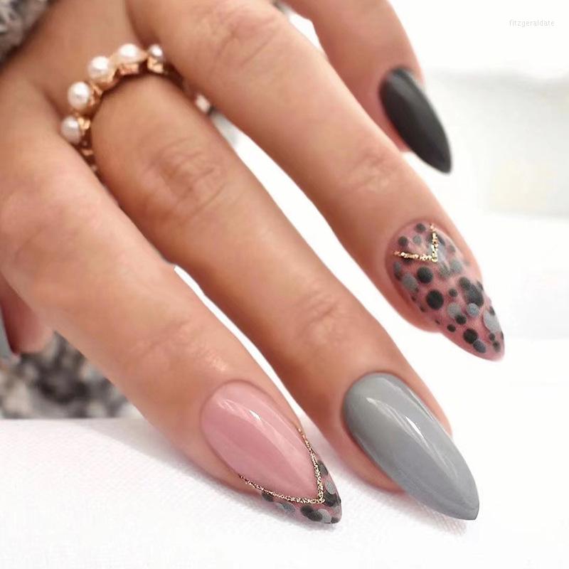 

False Nails 3D Fake Set Press On Faux Ongles Short French Almond Tips DIY Manicure Decoration Black Grey Spots Glitters Nail Kit, With box