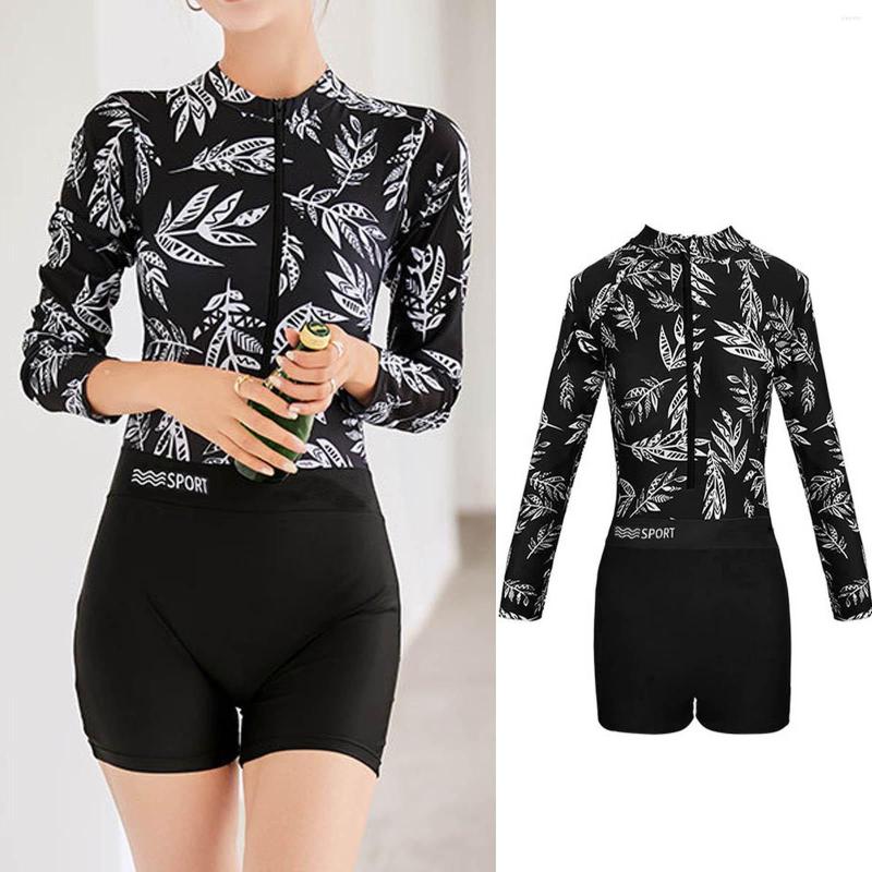 

Women's Swimwear Women Fashion Print Flat Shorts Piece Swimsuit Sexy Bikini Bathing Long Sleeve, Black