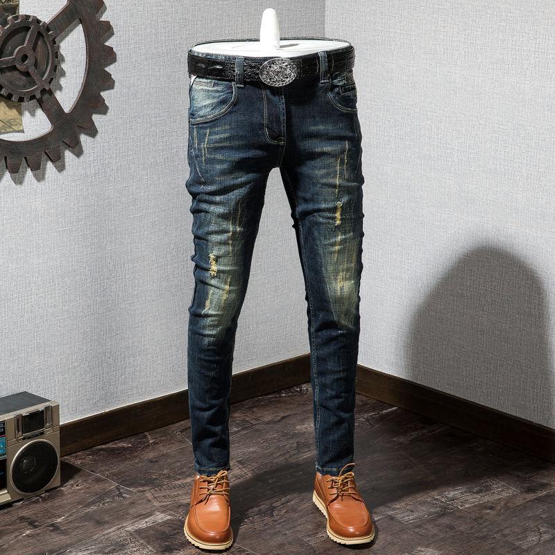 

Pants 2021 latest retro men's perforated jeans Korean Slim small straight elastic make old fashion brand youth Leggings Icokh