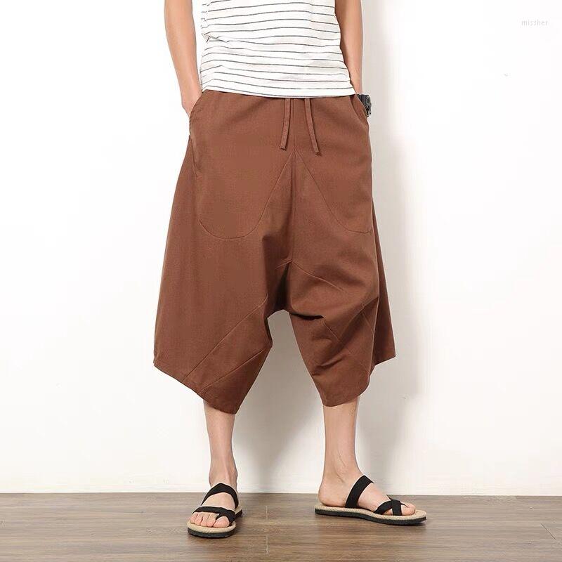 

Men's Pants Men Cotton Linen Baggy Wide Leg Hanging Crotch Hip Hop Bloomers Men's Calf Length Cross Summer Trousers, Red