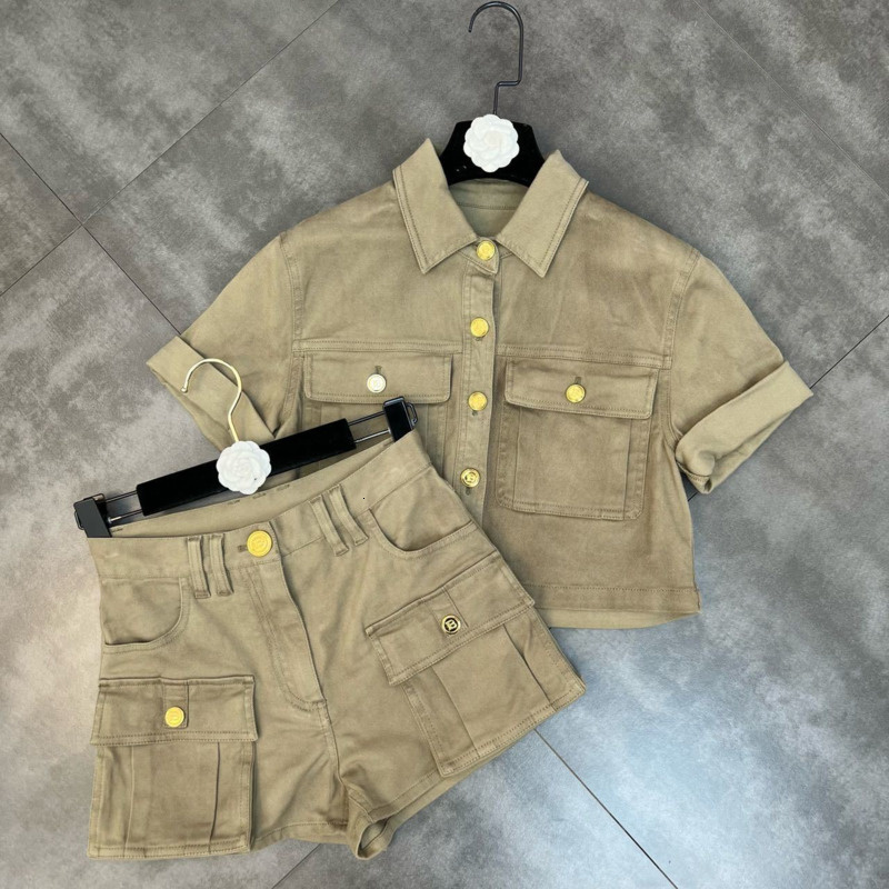 

Women' Two Piece Pants PREPOMP Summer Arrival Collection Short Sleeve Army Green Jacket High Waist Shorts Two Piece Set Women Outfits 230313