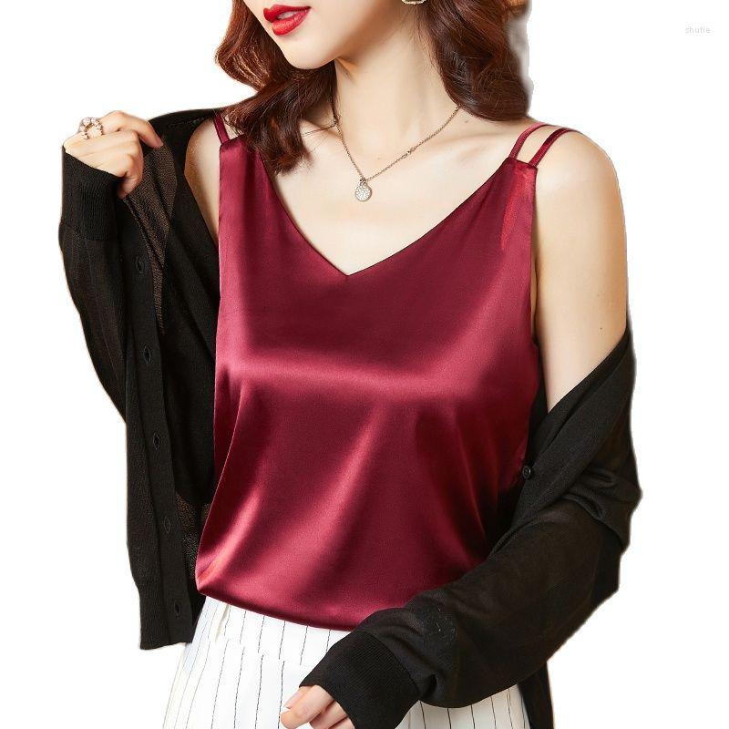 

Women's Tanks MOYISU 2023 Summer Women Camisole Loose V-Neck Silk Chiffon Female Sleeveless Blouse Oversized Womens Tops, Black