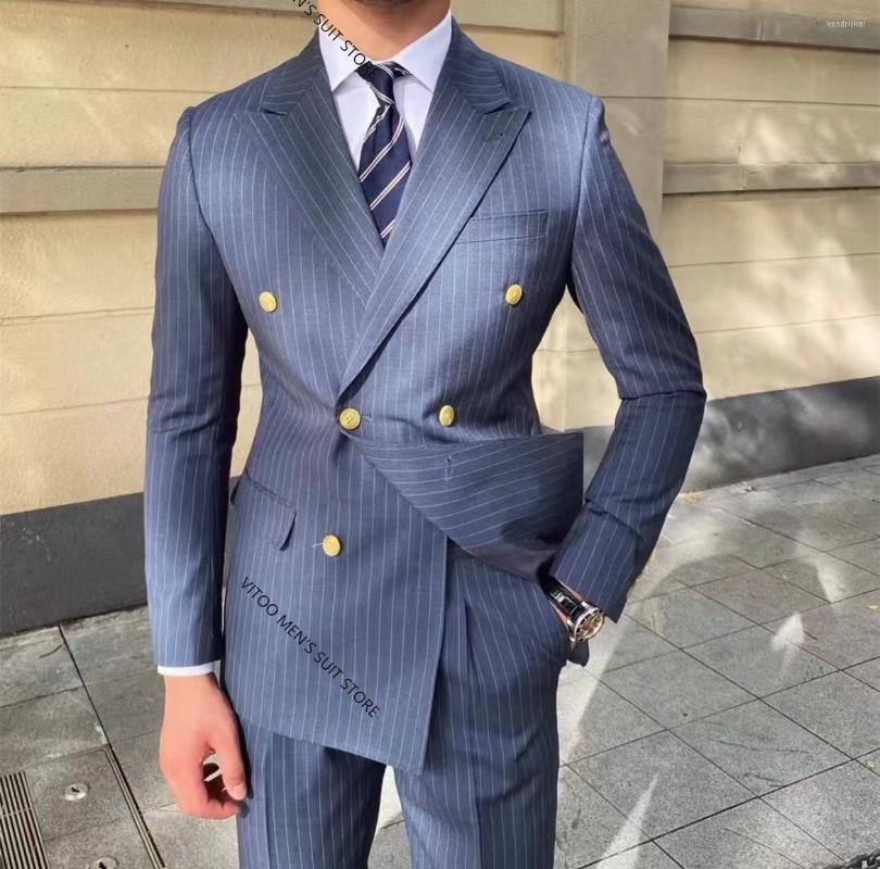 

Men's Suits Blue Striped Double-Breasted Costume Men Tuxedos 2 Pcs Groom Prom Slim Fit Man Coat Pant Latest Design Business Formal Set, Custom made