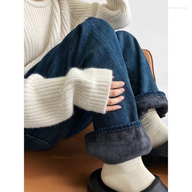 

Women' Jeans Winter Thick Fleece For Women High Quality Waist Thermal Trousers Woman Fashion Loose Button Straight Female Pants, Blue