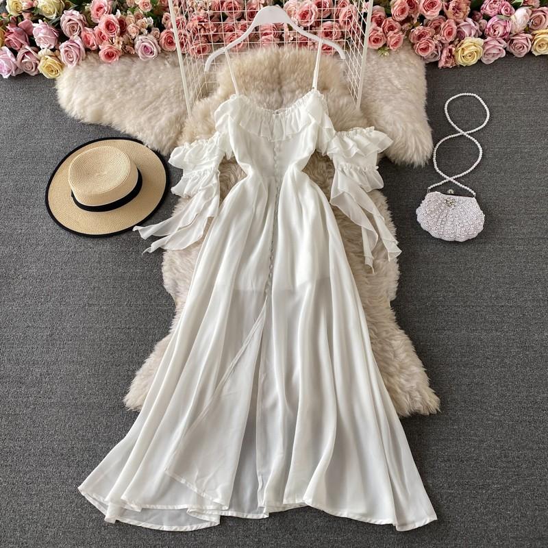 

Casual Dresses Beach Dress White 2023 Summer Long Ins Fashion Elegant Ruffles Off Shoulder Backless Sling Female Vestidos Chiffon Maxi
