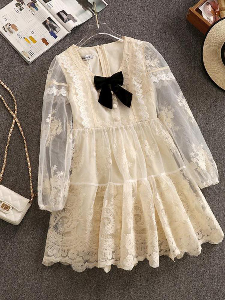 

Casual Dresses Autumn Vintage Short Dress Women Design Spring Party Mesh Embroidery Lace Bow Long Sleeve Elegant Korean Mini, Beige