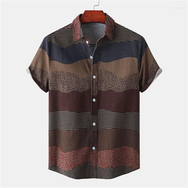 

Men's Casual Shirts 2023 Summer Mens Wide Color Block Stripe Print Lapel Short Sleeved Shirt Fashion Designer Male Hawaiian, Brown