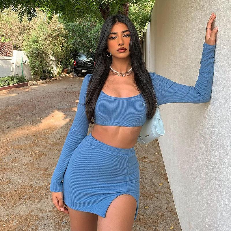 

Work Dresses Long Sleeves Low Neck Bodycon Top Sexy Mini Dress Set Women Streetwear Outfits Y2K Skirt Womens 2 Piece Sets 2023, Blue