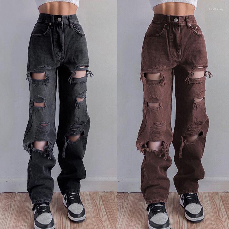 

Women' Jeans Brown Ripped Vintage Woman' Distressed Streetwear Hole Hip Hop High Waist Pants Fashion Straight Denim Trousers Ladies, Black