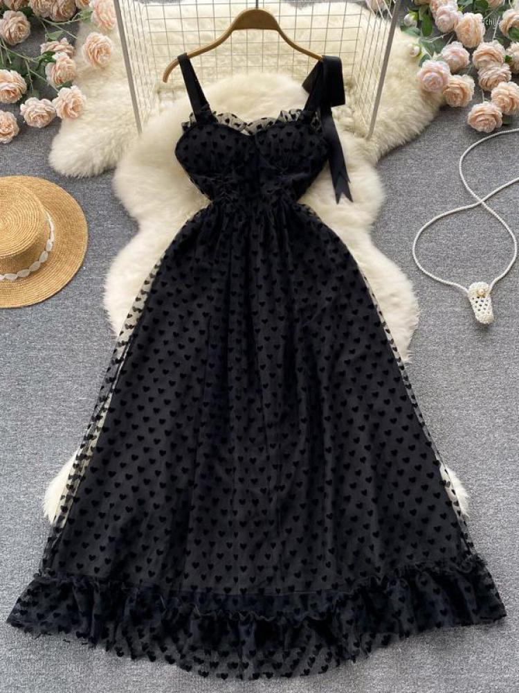 

Casual Dresses Vintage Summer Black Bow Long Dress Women Spaghetti Strap Party Sleeveless Heart Embroidery Slim High Waist Night Vestidos