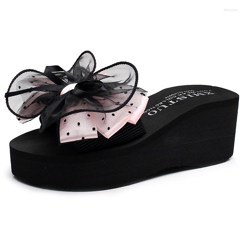 

Slippers 2023 Summer Beach Slides Casual Women Shoes Sweet Bowknot Wedge Flower Sandals Open Toe Outdoor Fashion Lady Flip Flops, 3cm pink