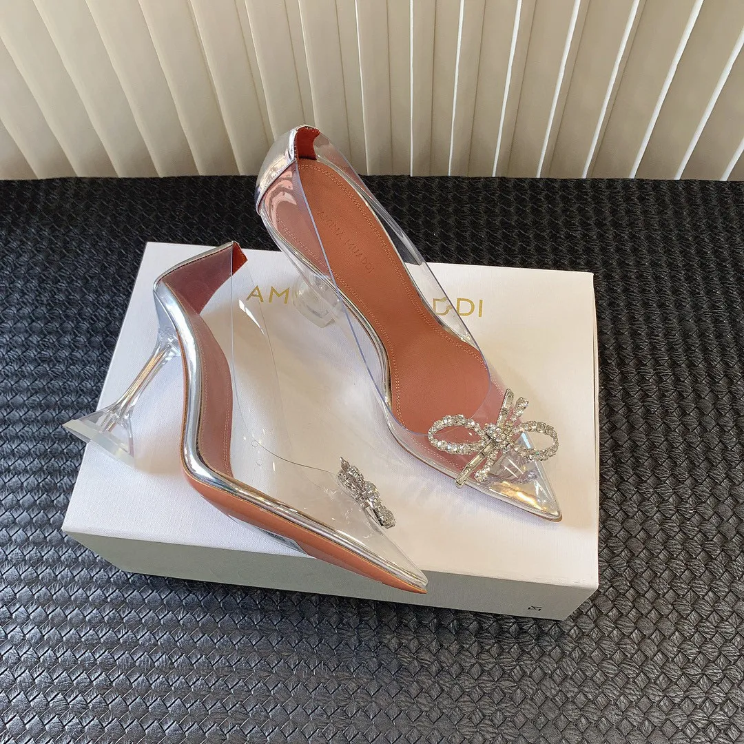 

Amina Muaddi Dress Shoes Pumps High Heels Sexy Sandals Factory Shoes Luxury Saeda Crystal Strap Satin Suede Leather Wedding Party Womens with bag, Fuchsia