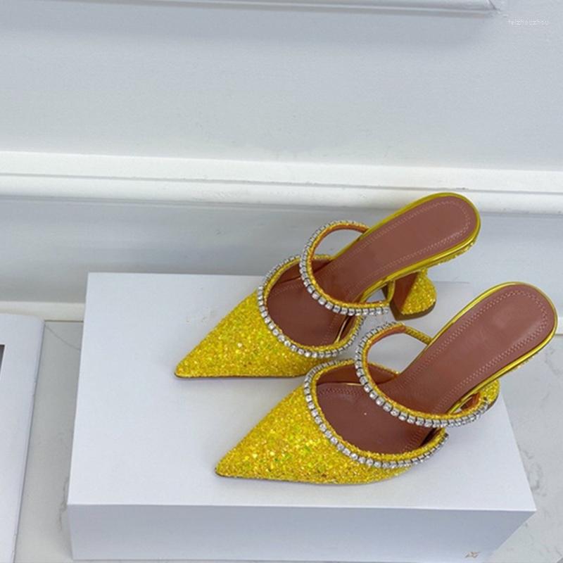 

Sandals High Heels Summer Women Shoes Pointed Sequins Luxury Crystal Rhinestone Ladies Party Satin Slippers Mules, Purple