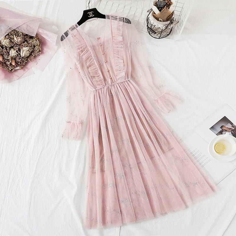 

Casual Dresses ZCWXM Spring Two Pieces Sets Women 2023 Party Mesh Shiny Sequins Sexy Dress Applique Voile A-line Female, Pink