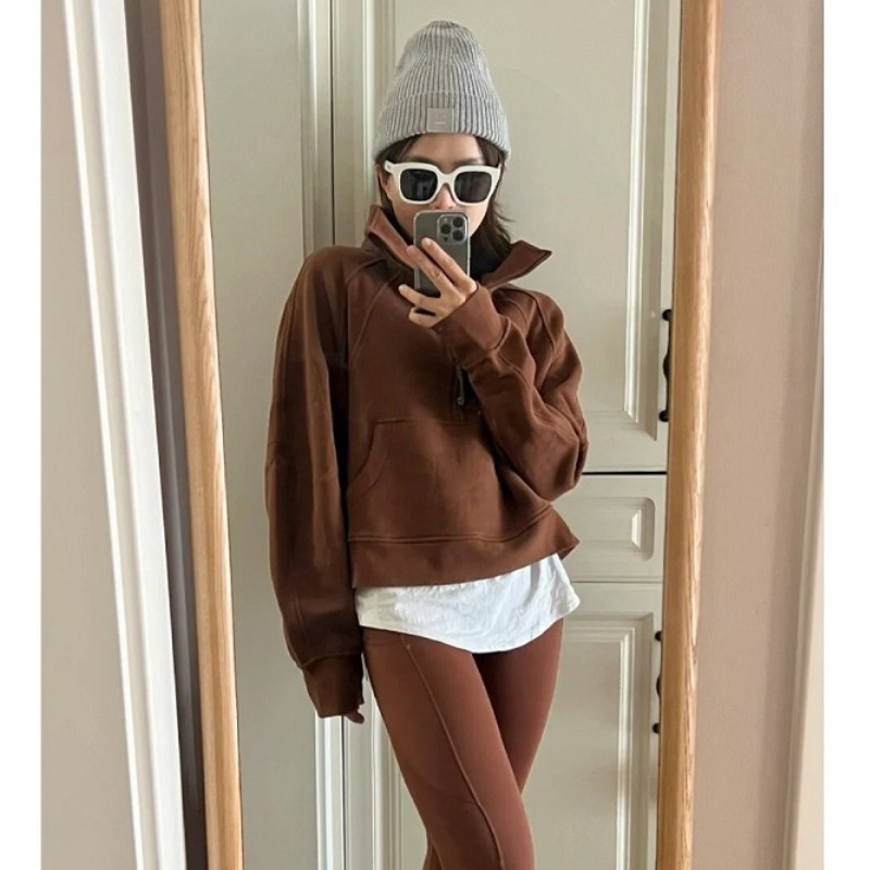 

2023Designer Autumn Yoga Outfits lululemens womens Half Zipper Sweatshirts Jackets Winter Yoga scuba hoody hoodie sthick Loose Short Style with Fleece lulu, Brown