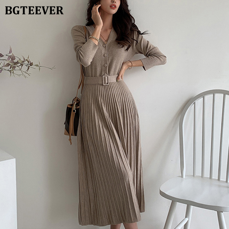 

Casual Dresses BGTEEVER Elegant V-neck Single-breasted Women Thicken Sweater Dress Autumn Winter Knitted Belted Female A-line soft dresses 230313, Pink