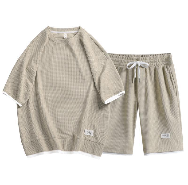 

Men's T-Shirts Mens Tracksuit 2 Piece Set Summer Solid Sport Hawaiian Suit Short Sleeve T Shirt and Shorts Casual Fashion Man Clothing 230313, Khaki