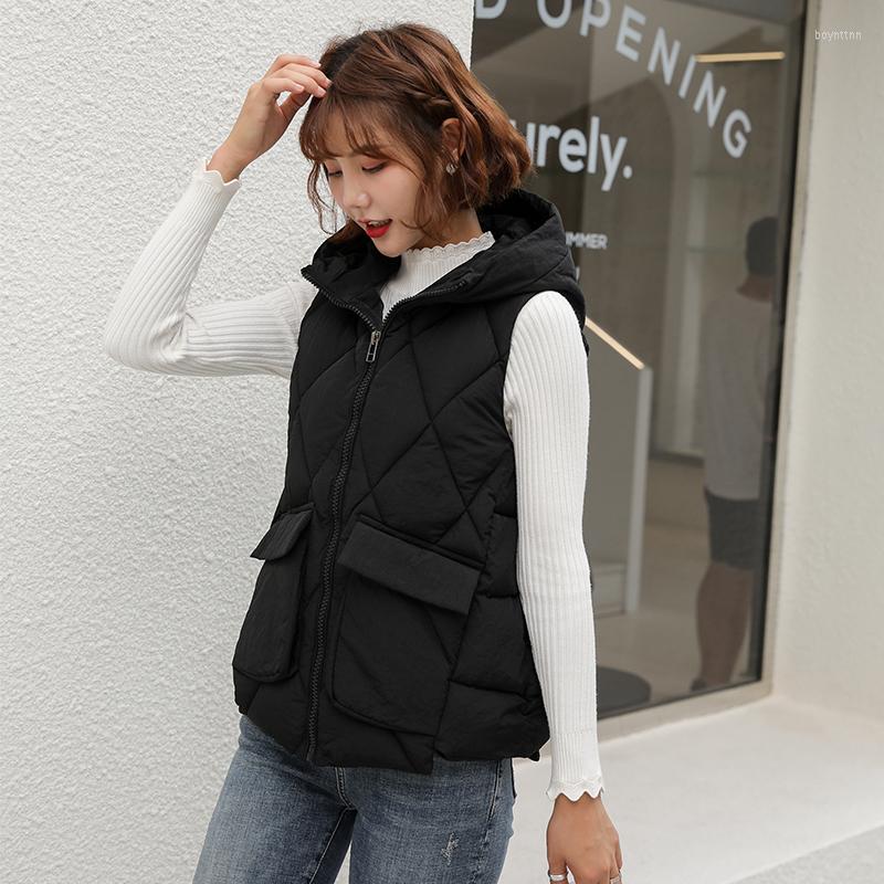 

Women's Vests Fad Women's Winter Short Vest Cotton Padded Solid Hooded Sleeveless Jacket Female Casual Stand Collar Plus Size Thick, Beige