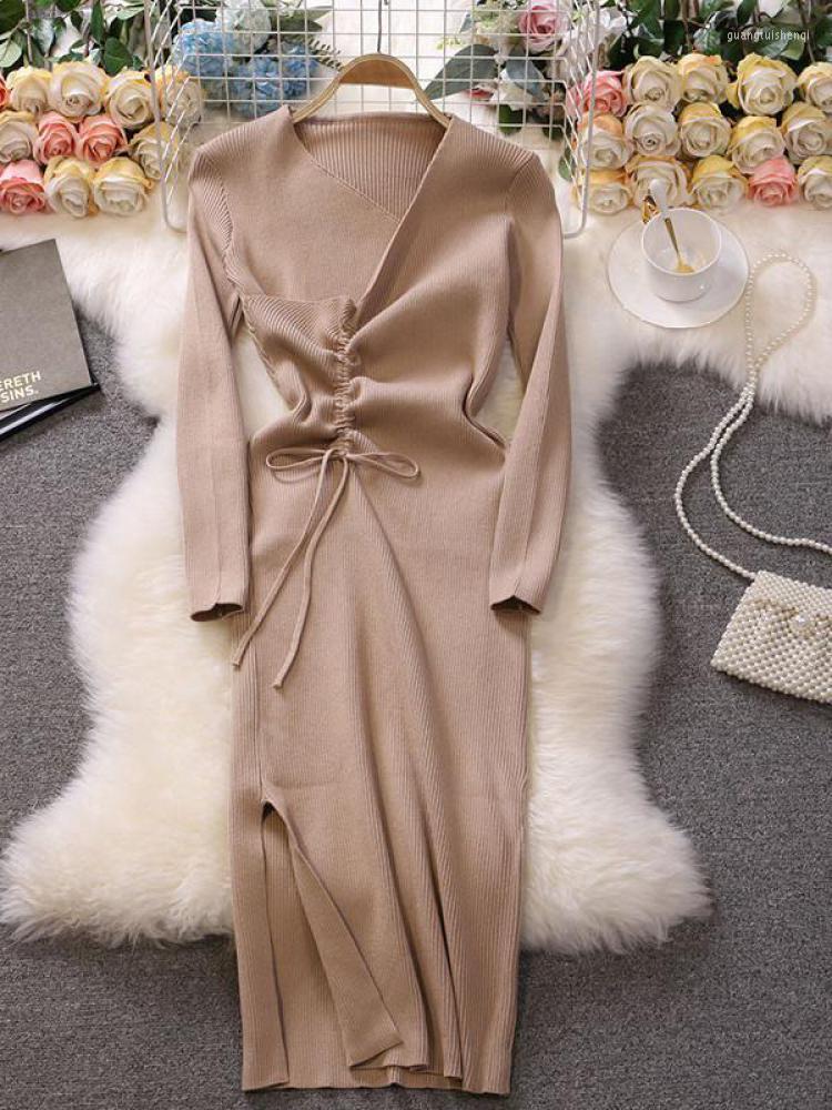 

Casual Dresses Autumn Women Vintage Korean Sweater Knitted Elegant Draw String Bodycon Robes Slim Office Lady Midi Dress, Khaki