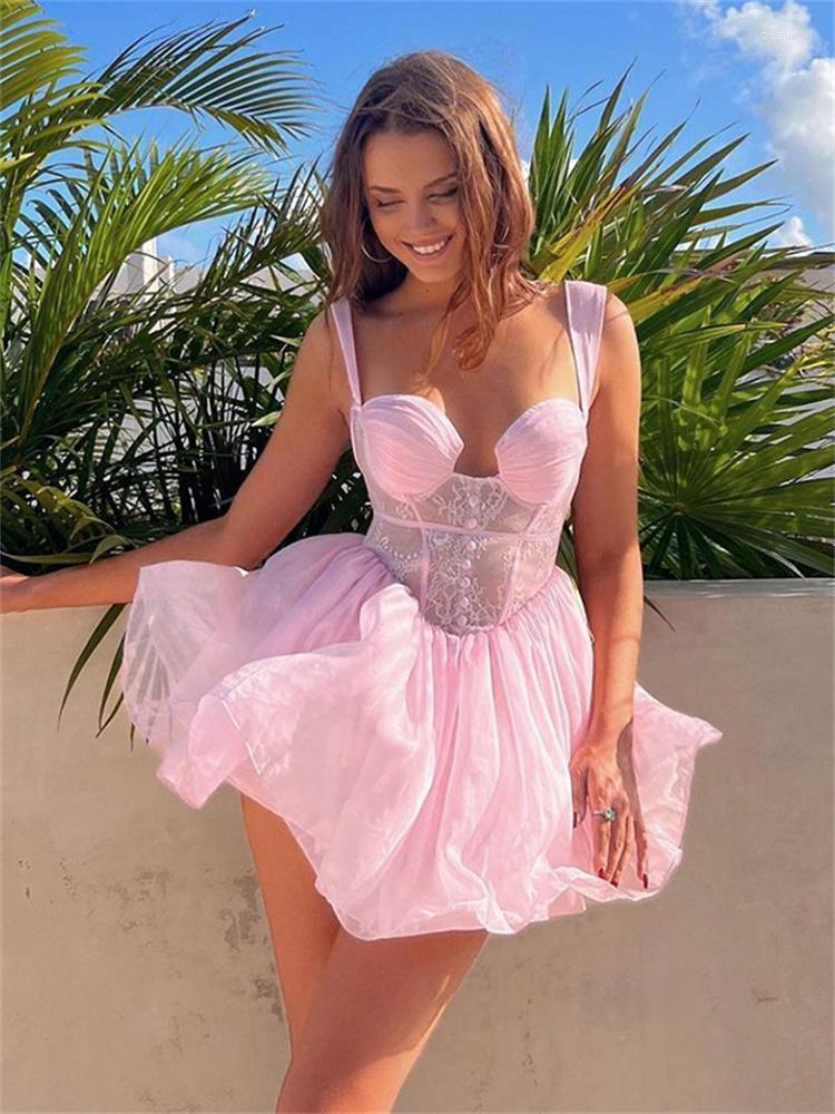 

Casual Dresses Women Vintage Sexy Y2K Dress Spaghetti Strap Corset Lace See Through A-line Backless Tie Up Bohemian Summer, Black