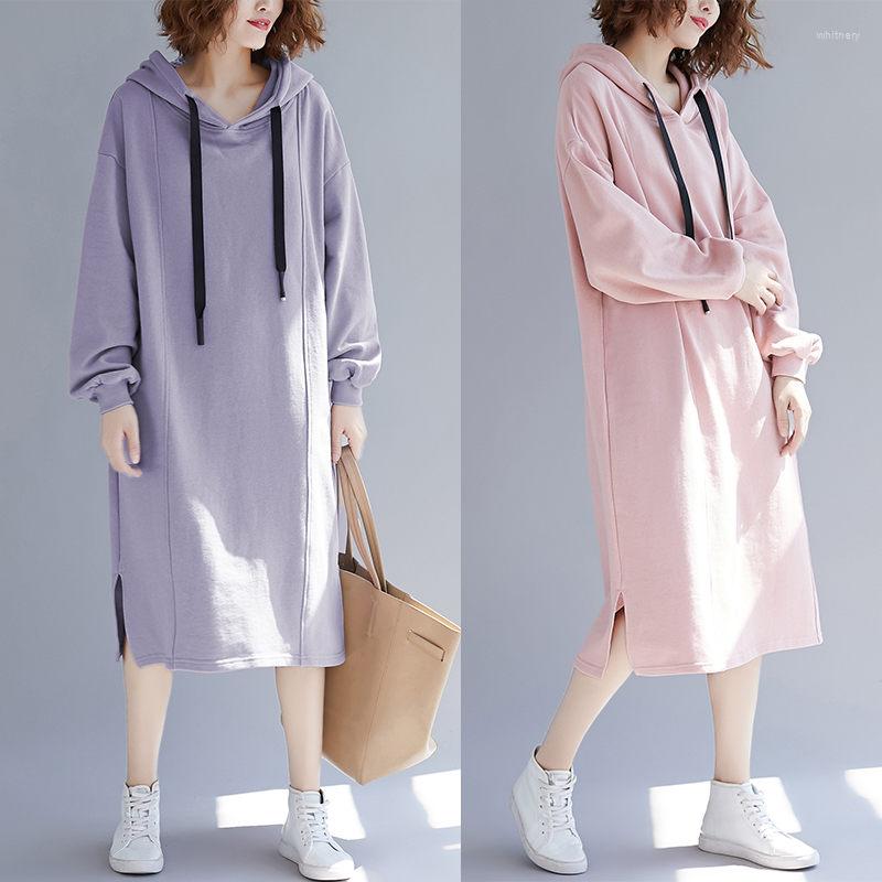 

Casual Dresses Fashion Large Size Loose Hooded Sweatshirt Dress Women Clothing Spring Autumn Split Long Sleeve Female E583, Pink