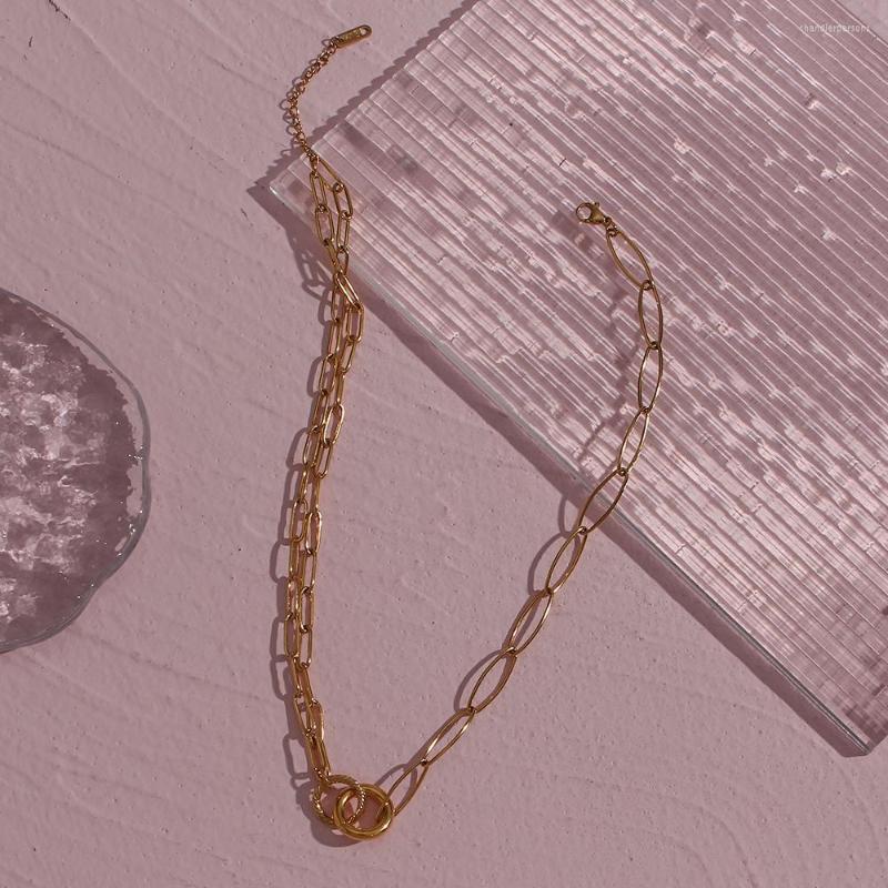 

Chains 2023 Trendy Oval Connected Chain Stainless Steel Gold Plated Waterproof Tarnish Free Double Ring Pendent Necklace For Women