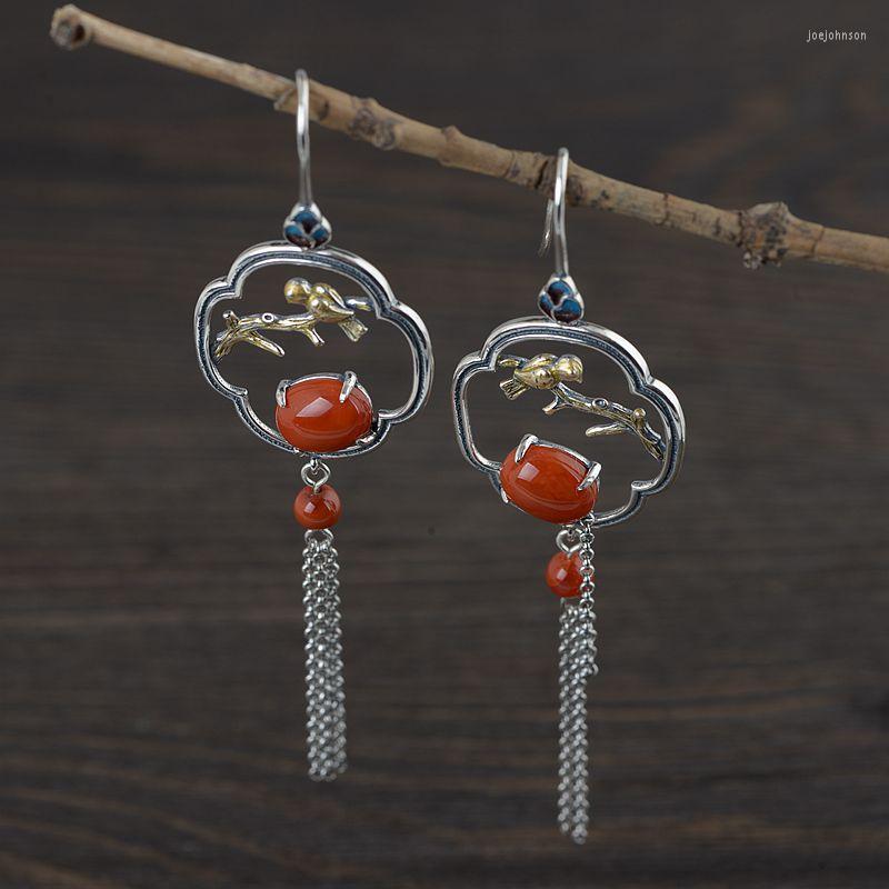 

Dangle Earrings FNJ 925 Silver Bird Tassel For Women Jewelry Pure Original S925 Sterling Drop Earring Red Agate