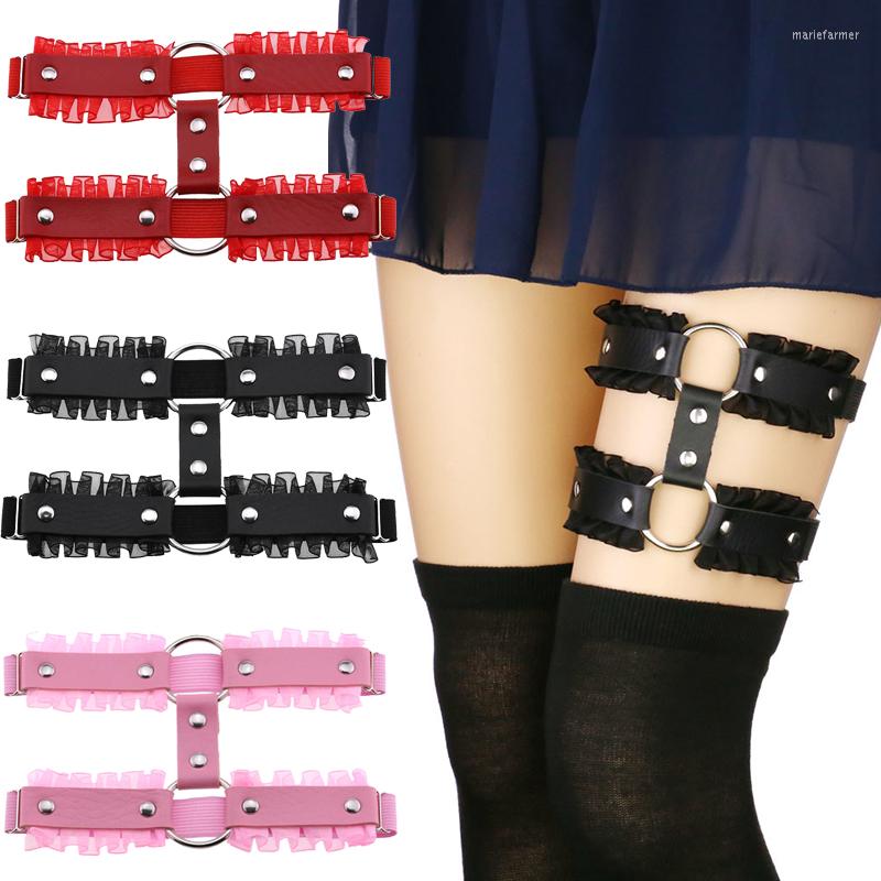

Garters 1PC Women Lace Leg Ring Garter Belt Sexy Ruffles Suspenders Double PU Leather Girls Elasticity Harness, Black