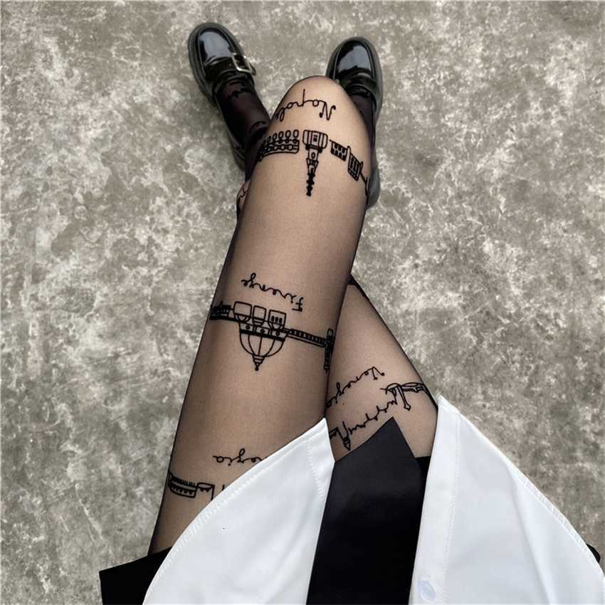 

City printed flocked stockings for women sexy ultra-thin arbitrary cut anti-hook silk pantyhose English letter, H56 castle flocking