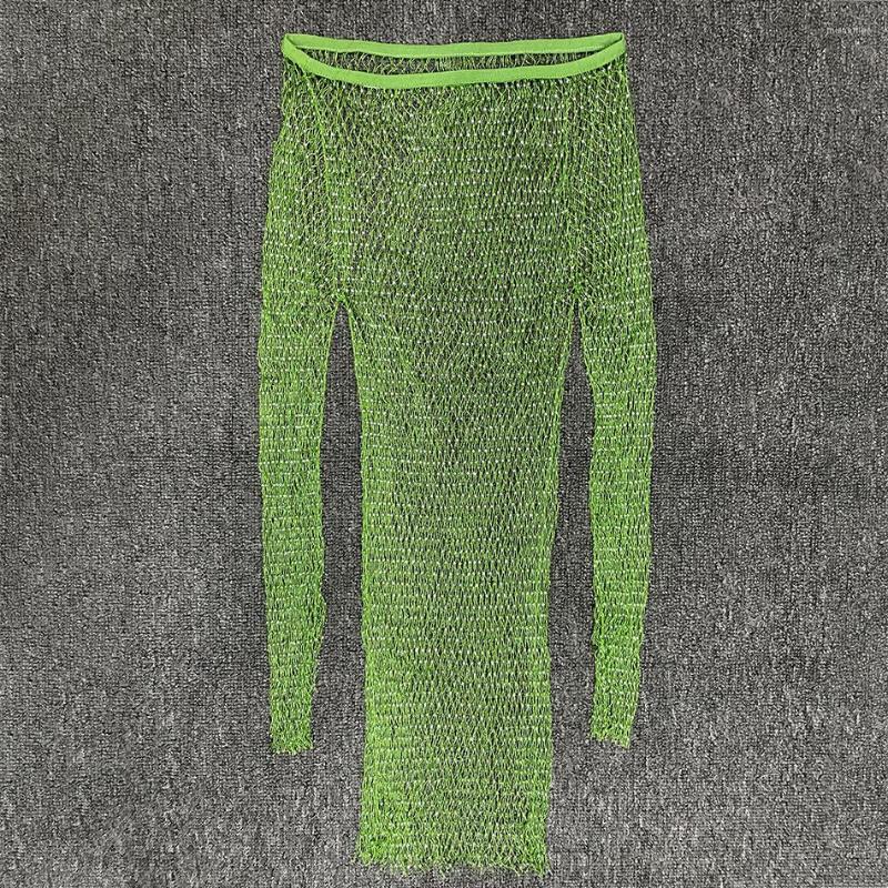 

Casual Dresses Shiny Crystal Mesh Sheer Cutout Stretch Round Neck Long Sleeves Skinny Sexy Ladies Pool Party Green Rhinestone Mini Dress