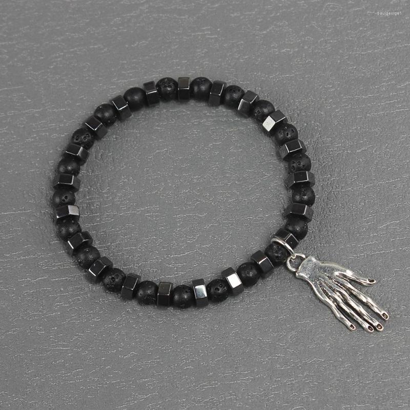 

Strand Retro Gothic Balck Round Lava Stone And Hematite Spacer Beads Bracelet With Hand Charms Handmade Jewelry For Men Women